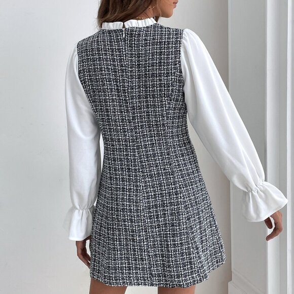 Black and White Elegant Women's Plaid Flounce Sleeve Frill Trim Tweed Dress - Picture 2 of 5